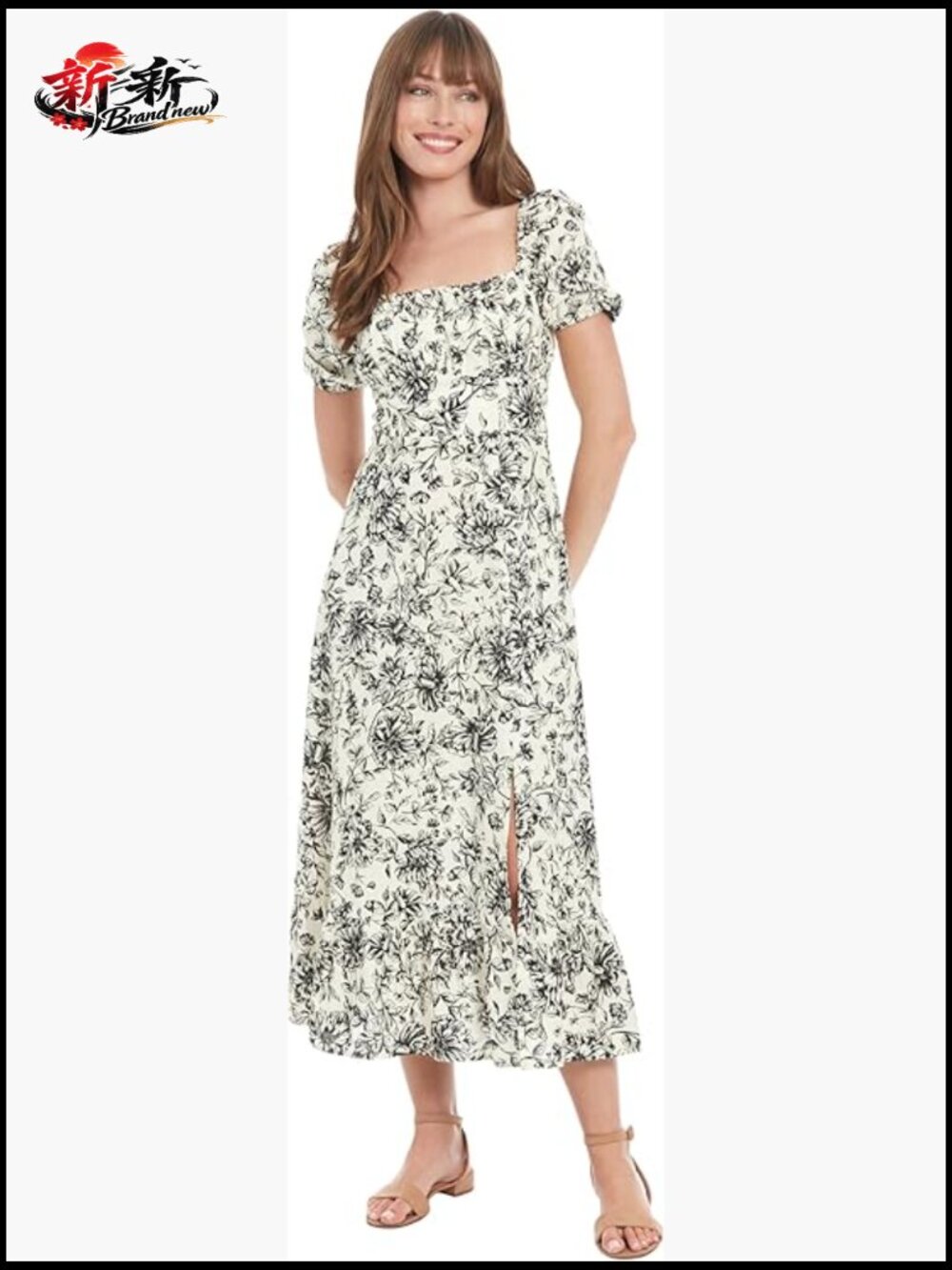 Square Neck Smocked Back Linen Blend Midi Dress with Puff Sleeves